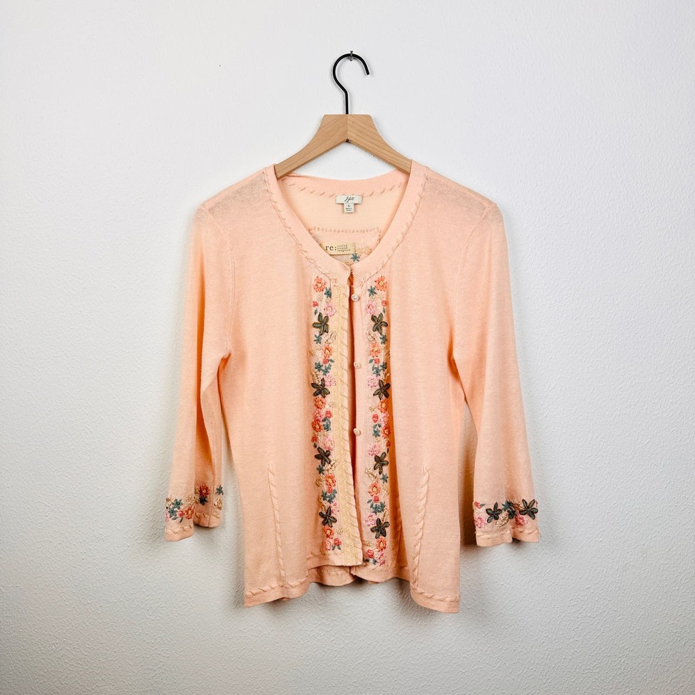 J.Jill Pink Floral Embroidered Sweater 3/4 Sleeve, Small